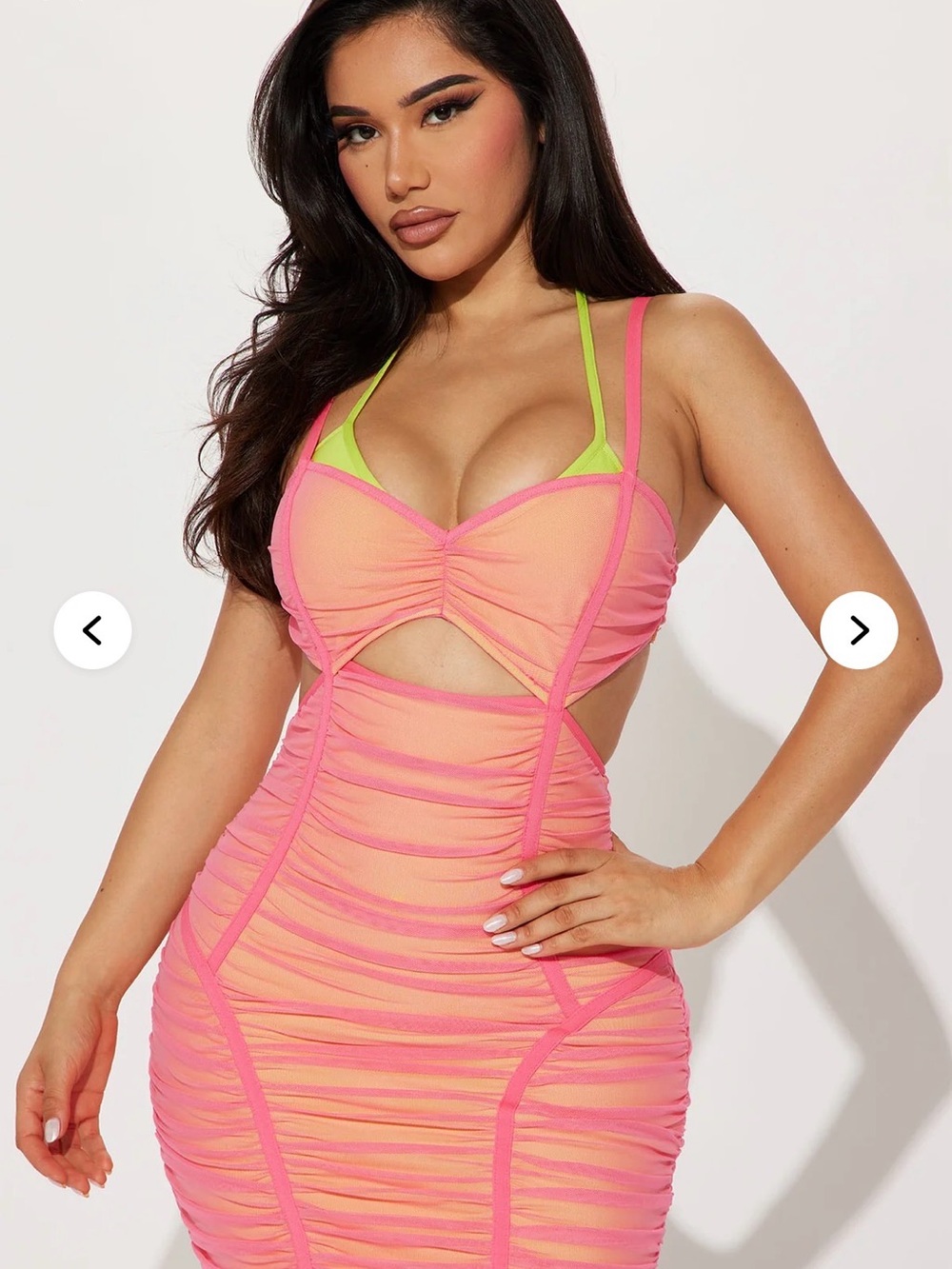 Fashion Nova Neon Pink & Lime Green Ruched Mesh Cutout Dress